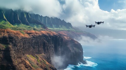 84.A dynamic image of a drone navigating a rugged coastal landscape, with jagged cliffs, ocean waves crashing below, and dramatic clouds in the background.