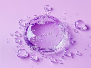 Captivating Close Up of Water Droplets on a Soft Purple Surface Evoking Freshness Purity and Serenity in a Modern Aesthetic