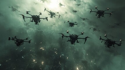 89.A detailed aerial view capturing a swarm of drones navigating turbulent skies, with their metallic surfaces gleaming faintly in the dim light.