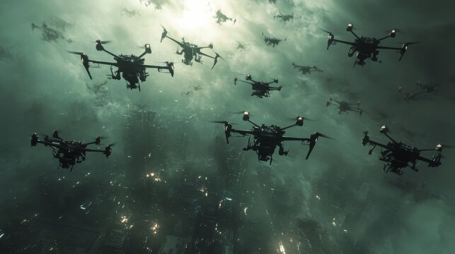 89.A detailed aerial view capturing a swarm of drones navigating turbulent skies, with their metallic surfaces gleaming faintly in the dim light.