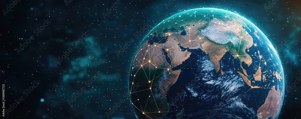 Aufkleber Earth with glowing network highlighting global cloud data concept. A digital representation of Earth with connected networks.