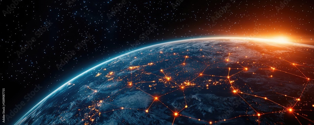 Poster Earth with glowing network highlighting global cloud data concept. Stunning view of Earth from space with glowing network connections.