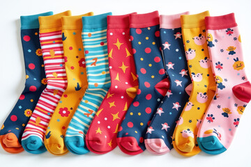 colorful socks featuring various patterns, including flowers, stripes, and polka dots, neatly arranged in a row on a plain white background. Perfect for illustrating vibrant fashion choices.