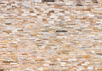 Natural Stone texture background. Beige brown color. Square rectangle shape in horizontal row stripe. Material for architectural decoration, wall cladding panel for facade, hotel, pool villa, resort.