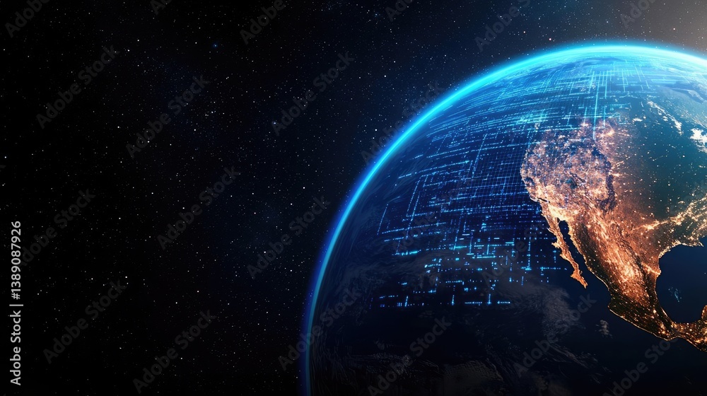 Aufkleber Earth with glowing network powered by cloud technology concept. A stunning view of Earth illuminated by city lights at night.