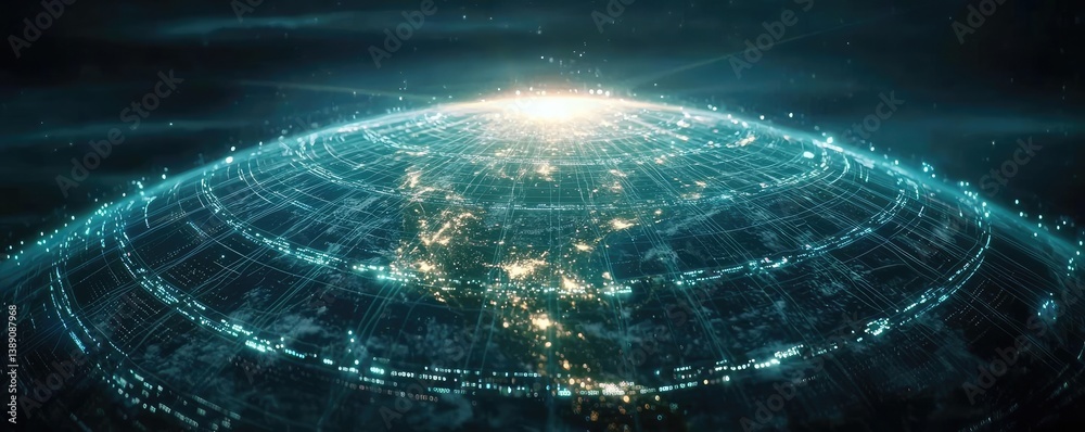 Poster Earth with glowing network and wireless internet grid concept. Abstract representation of a futuristic world with energy pulses.