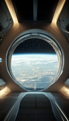 Naklejka premium Futuristic spaceship soaring above Earth's atmosphere. Sleek design, vibrant lights, and stunning cosmic backdrop. Perfect for sci-fi, space travel, and technology concepts.