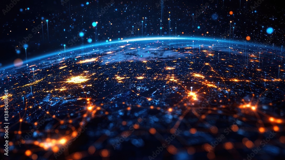 Poster Earth with glowing network powered by cloud technology concept. A vibrant digital representation of a connected globe.