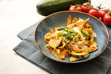 Pasta with zucchini in tomato sauce, parmesan cheese and chives garnish in a blue plate on a light wooden table, copy space, selected focus