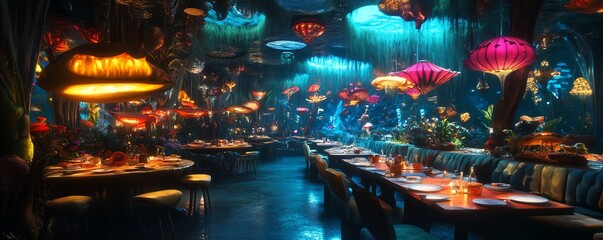 Enchanting underwater restaurant scene. Tables are set in a magical, luminous space adorned with vibrant jellyfish-like lamps and aquatic decor.