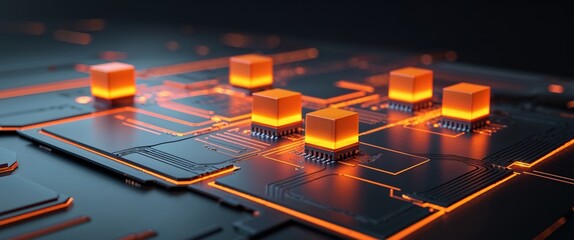 Glowing orange electronic components create an abstract circuit board image.