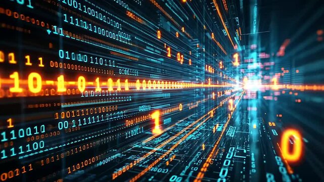 Abstract digital data stream visualization; glowing binary code tunnel