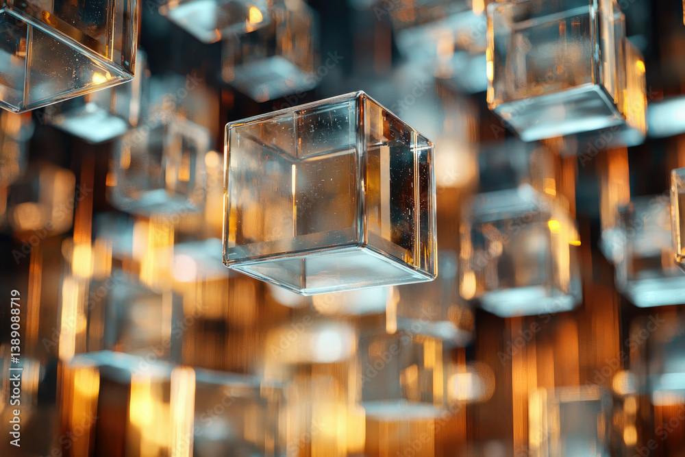 Poster Abstract image of numerous translucent cubes, glowing with warm light, creating a 3D effect.