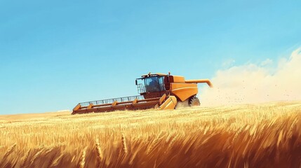 Fototapeta premium 104.A large combine harvester moving through a golden wheat field, its mechanical arms processing crops as dust and chaff scatter into the air under a clear blue sky.