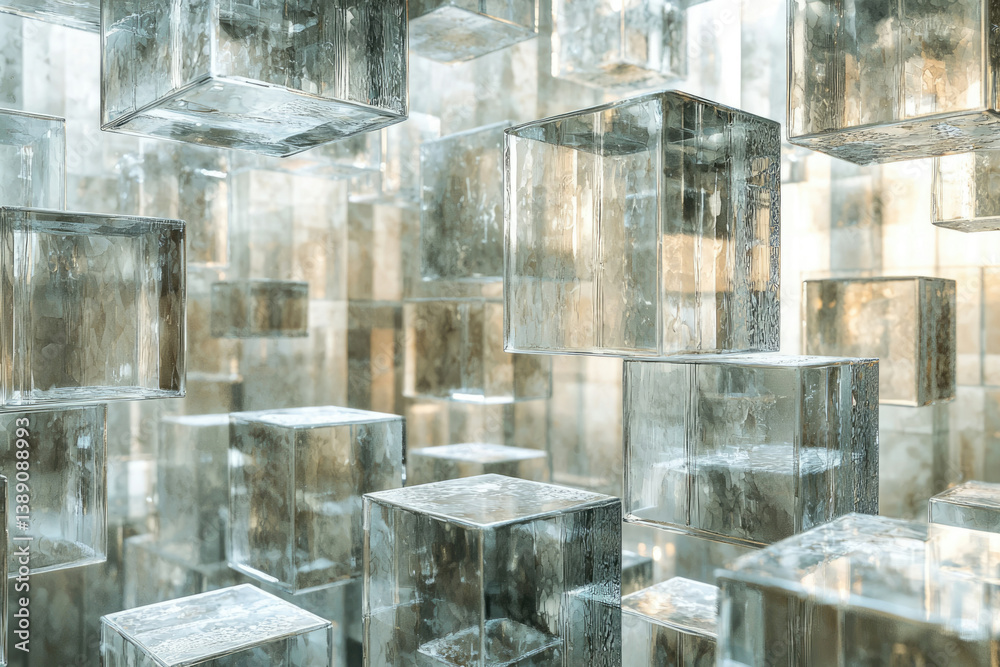Poster Numerous translucent cubes, seemingly made of glass or ice, create a mesmerizing 3D structure.