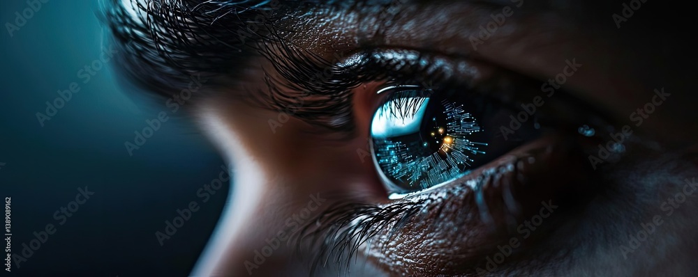 Poster close-up human eye connected to digital intelligence concept. close-up of a captivating human eye di