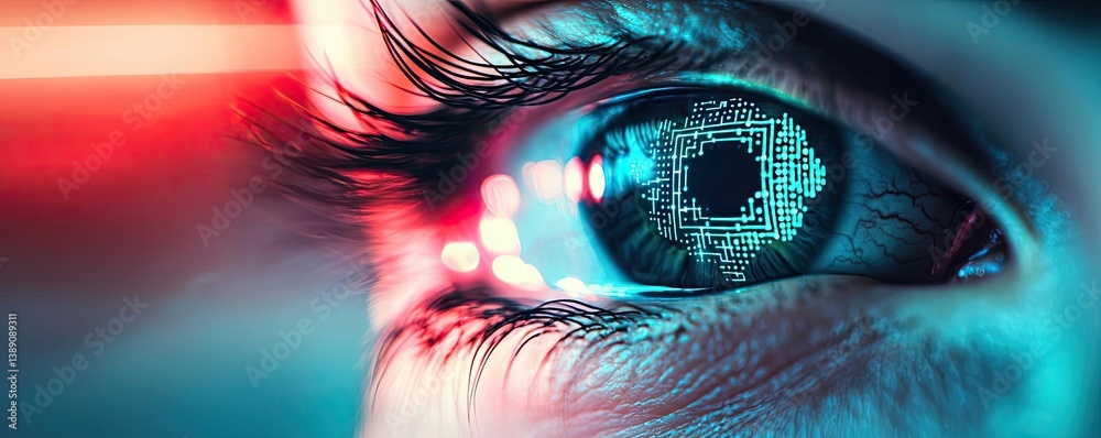 Poster Close-up human eye connected to digital intelligence concept. Close-up of a futuristic eye with digital circuit patterns.