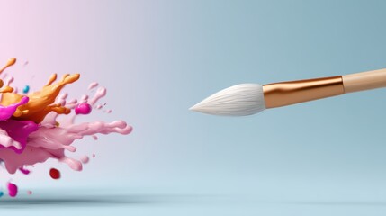 A close-up of a paintbrush about to touch colorful splashes of paint, showcasing creativity and artistic expression.