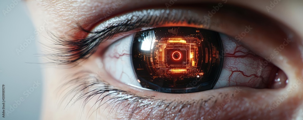 Poster close-up human eye powered by futuristic machine technology concept. futuristic close-up of a human 