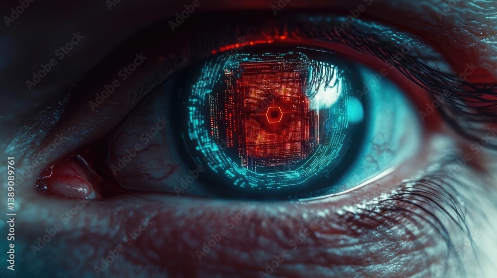 Poster Close-up human eye with artificial technology interface concept. A futuristic eye with digital interference and glowing elements.