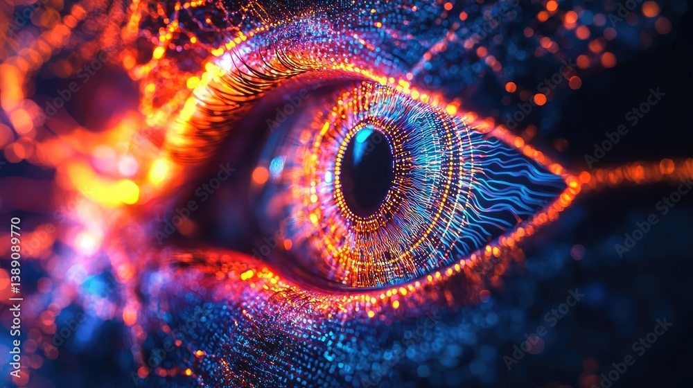 Poster close-up human eye connected to digital intelligence concept. futuristic eye design with vibrant dig