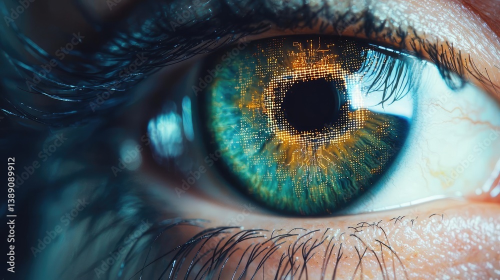 Aufkleber close-up human eye with artificial technology interface concept. close-up of a vibrant human eye wit