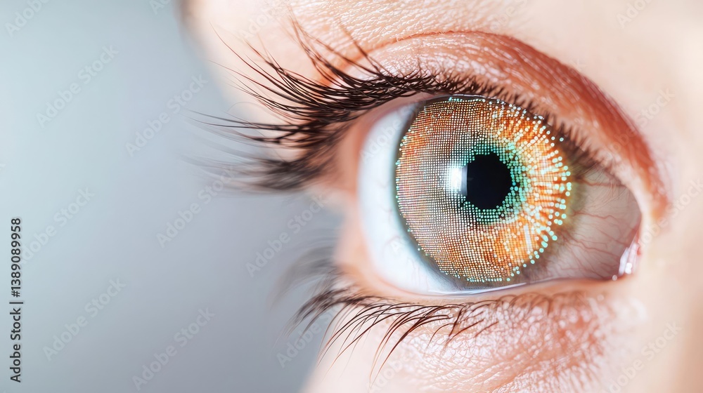 Poster close-up human eye with artificial technology interface concept. close-up of a human eye with captiv