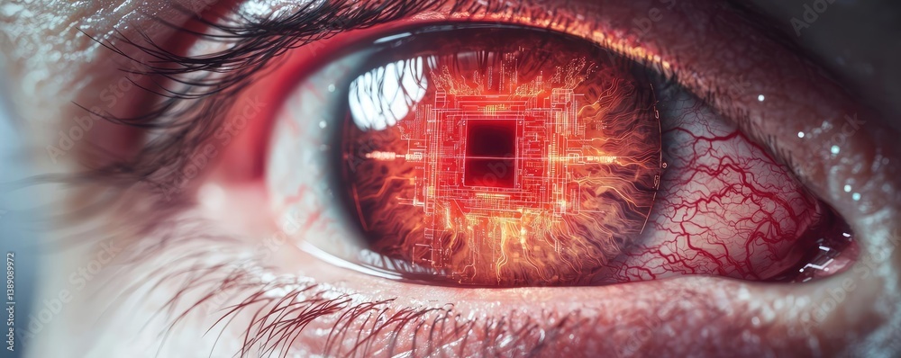 Poster Close-up human eye with artificial technology interface concept. A futuristic eye with a digital interface glowing red.