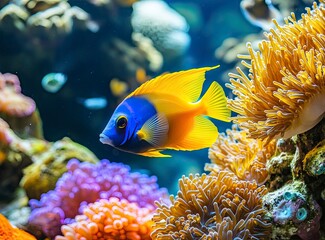 Obraz premium Blue and yellow tropical fish swimming in a coral reef with colorful anemones. Beautiful underwater scene, vibrant marine life background. Watercolor style. Stock photo contest winner, best quality,
