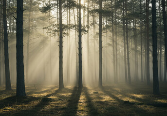 Obraz premium [Generative AI] 안개 낀 숲 속 햇살