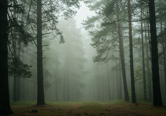 Obraz premium [Generative AI]안개 자욱한 숲길