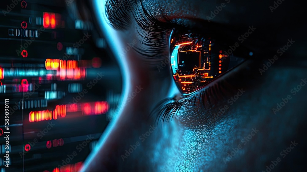 Poster Close-up human eye with artificial technology interface concept. A close-up of an eye with digital patterns reflecting technology.