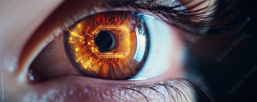 Poster Close-up human eye with artificial technology interface concept. A close-up of a futuristic eye with a glowing interface.