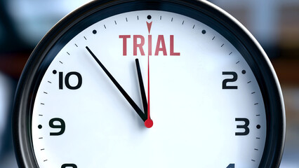 Trial that is going to happen soon. Incoming trial, approaching in the near future. Trial is almost here, in a short time - a clock symbolizes a reminder that trial is near. ,3d illustration