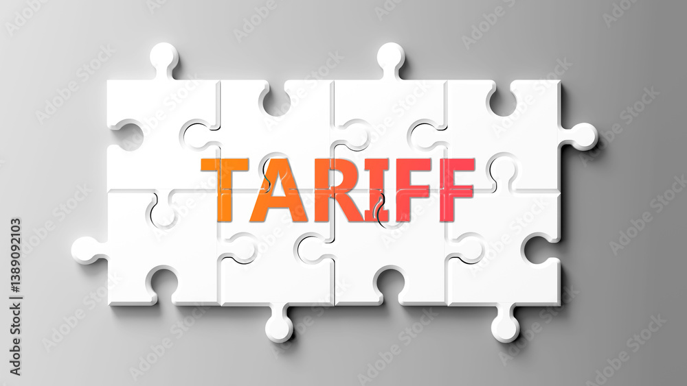 Poster Tariff complex like a puzzle - pictured as word tariff on a puzzle pieces to show that tariff is complex and needs cooperating pieces that fit together. ,3d illustration