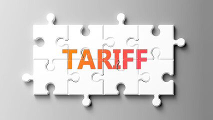 Tariff complex like a puzzle - pictured as word tariff on a puzzle pieces to show that tariff is complex and needs cooperating pieces that fit together. ,3d illustration