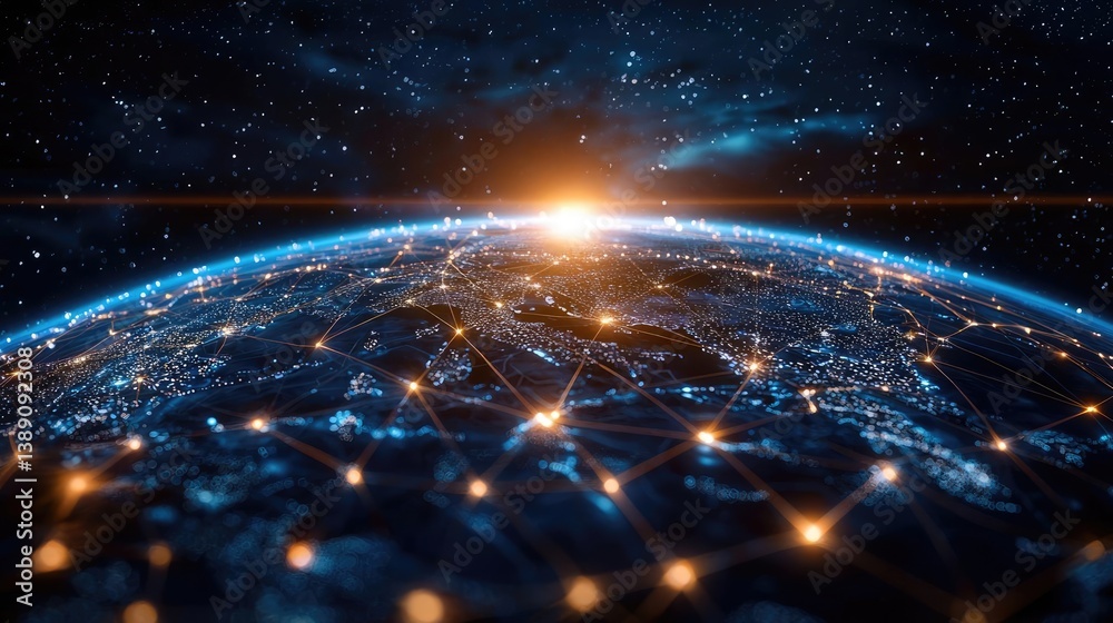 Poster earth with glowing network highlighting global cloud data concept. stunning view of earth from space