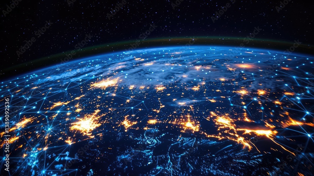 Poster Earth with glowing network highlighting global cloud data concept. Stunning view of Earth from space with glowing cities at night.