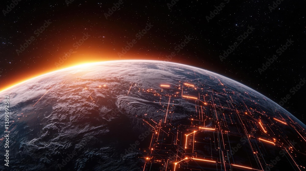 Poster earth with glowing network and wireless internet grid concept. a breathtaking view of earth from spa