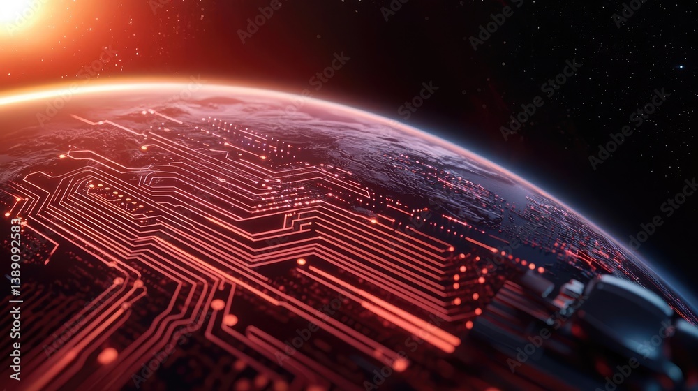 Poster Earth with glowing network highlighting global cloud data concept. Futuristic circuit board design on a planetary surface in space.