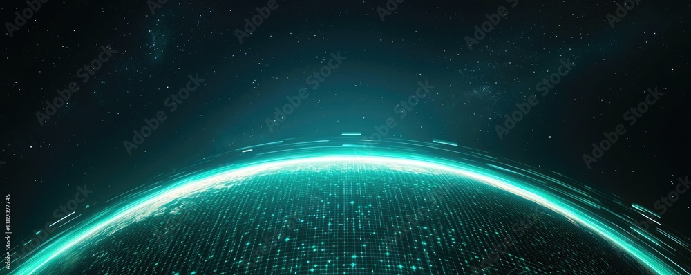 Aufkleber Earth with glowing network and wireless internet grid concept. Futuristic digital globe with glowing lines and data visualization.