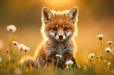 Fototapeta premium Fluffy red fox cub sitting in wildflowers