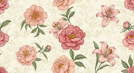 Seamless Botanical Pattern with Delicate Flowers, Elegant Nature-Inspired Design