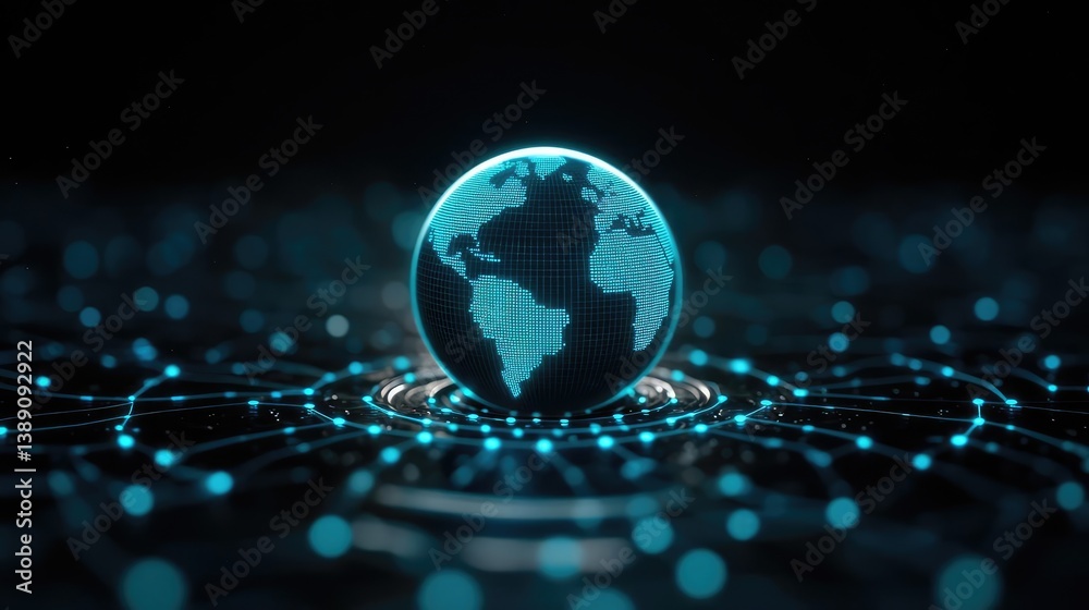 Poster Earth with glowing network highlighting global cloud data concept. Digital globe representation with glowing connections and network.