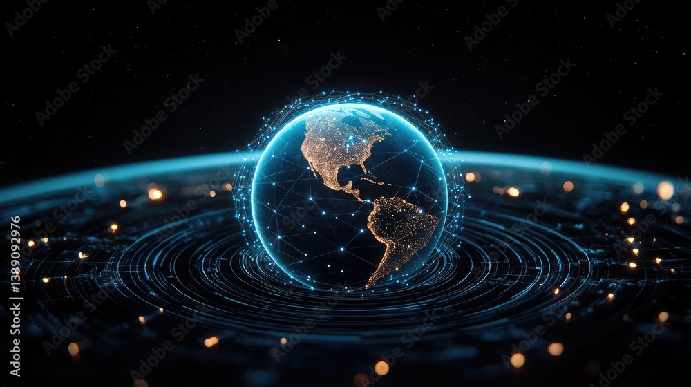 Poster Earth with glowing network highlighting global cloud data concept. A digital representation of the Earth surrounded by glowing particles.