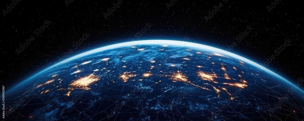 Poster earth with glowing network powered by cloud technology concept. a stunning view of earth from space,