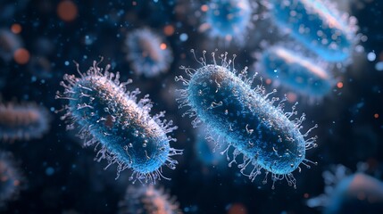 Microscopic view of bacteria cells with flagella in a dark blue and light blue environment