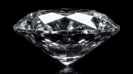 Close up of a sparkling diamond gemstone against a black background with strong light refraction and a shiny reflective surface for luxury and wealth