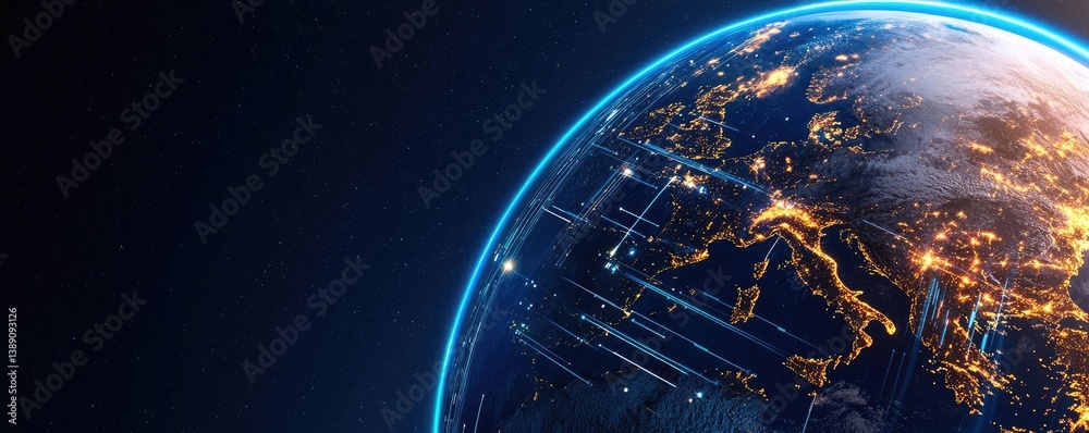 Poster earth with glowing network powered by cloud technology concept. a vibrant view of earth from space s