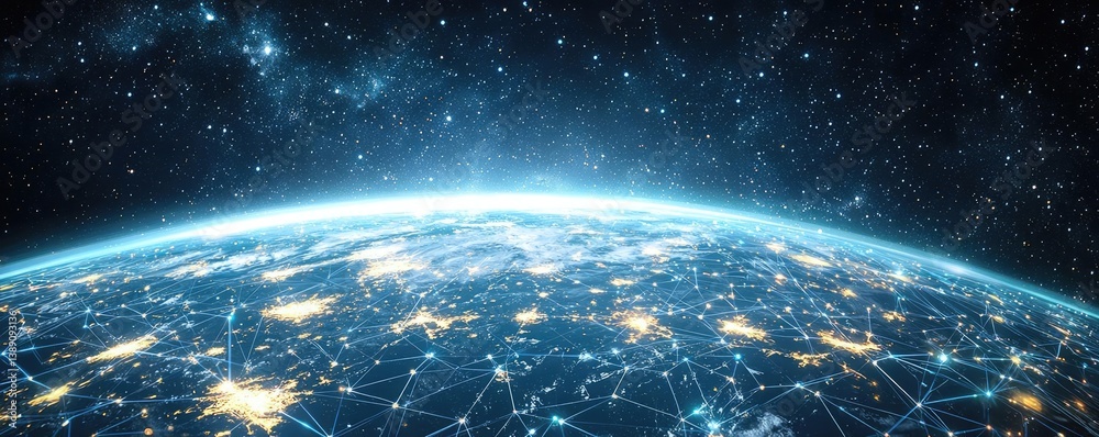Aufkleber earth with glowing network and wireless internet grid concept. a stunning view of earth from space, 